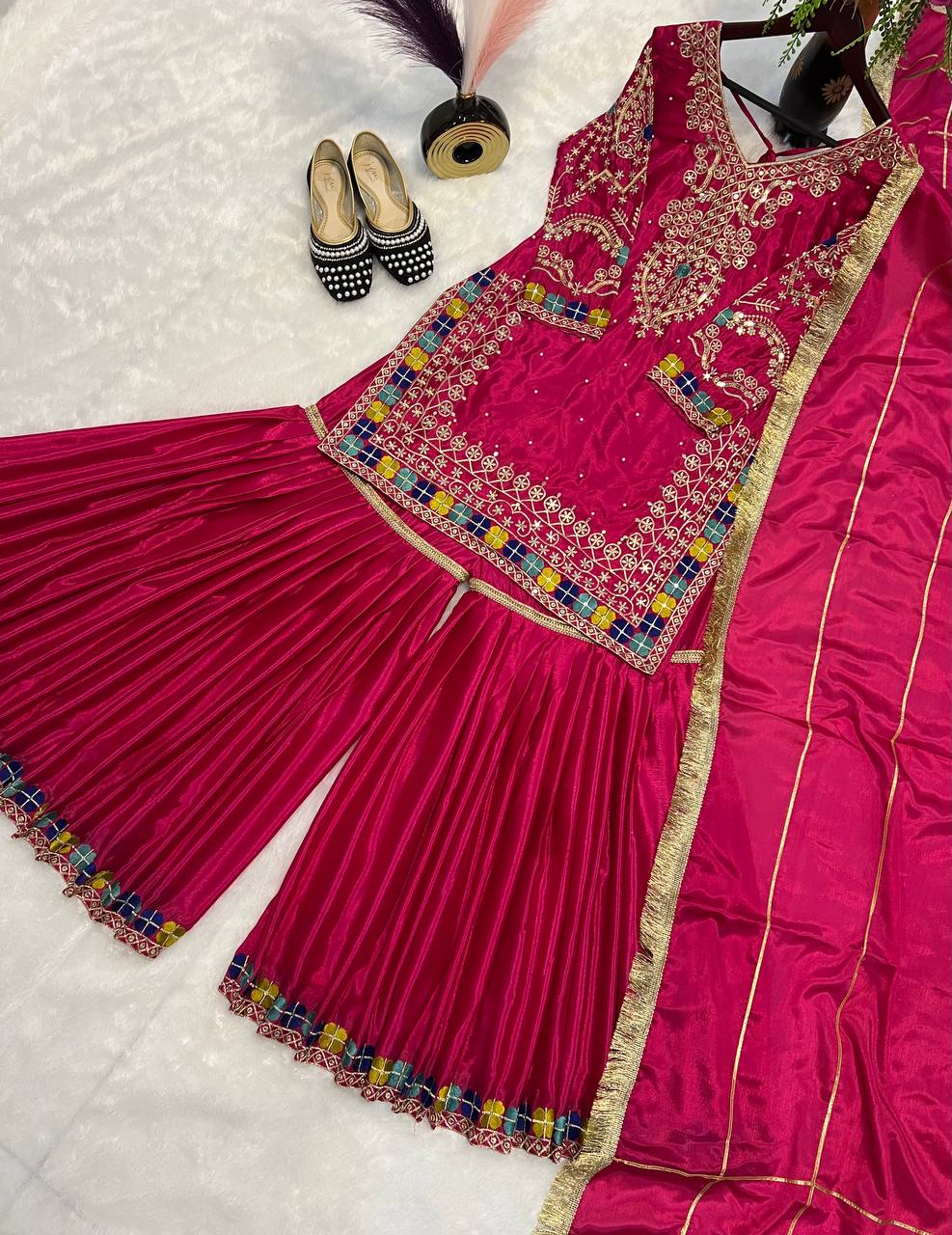 Wedding Wear Pink Color Heavy Chinon With Heavy Embroidery Sequence Work Sharara Suit