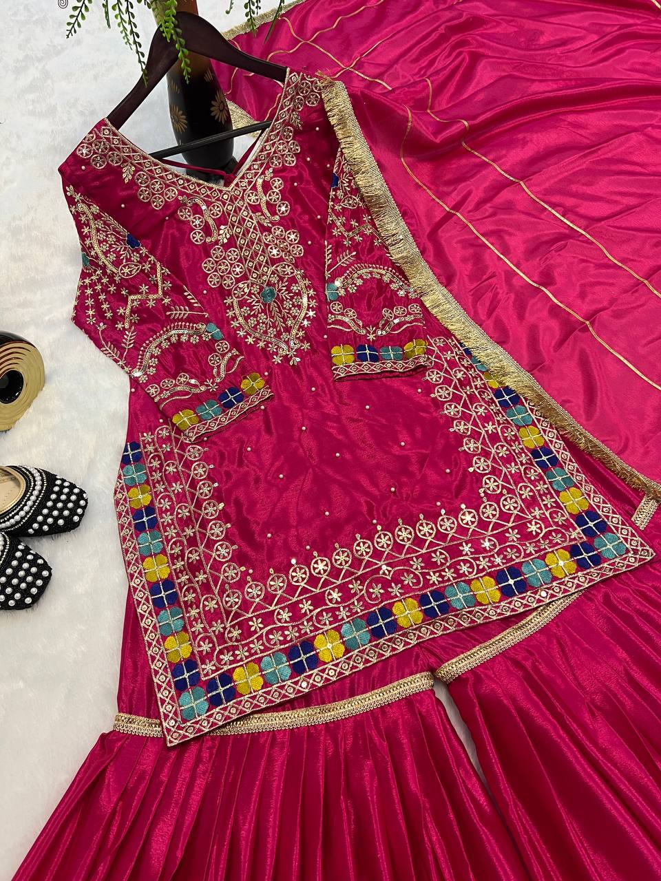 Wedding Wear Pink Color Heavy Chinon With Heavy Embroidery Sequence Work Sharara Suit