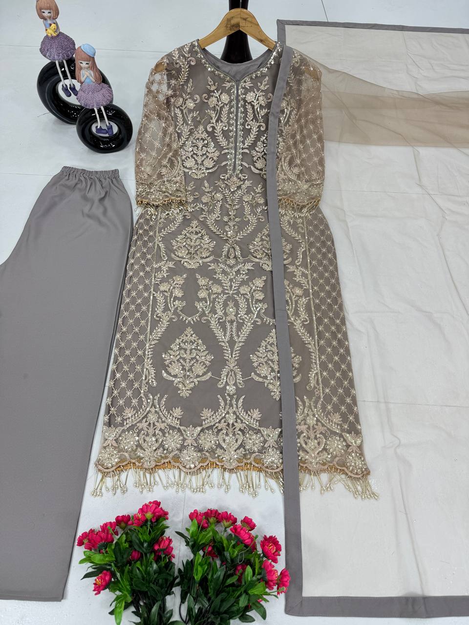 Elegant Grey Color Embroidery Sequences Work With Heavy Dimond Work Salwar Suit