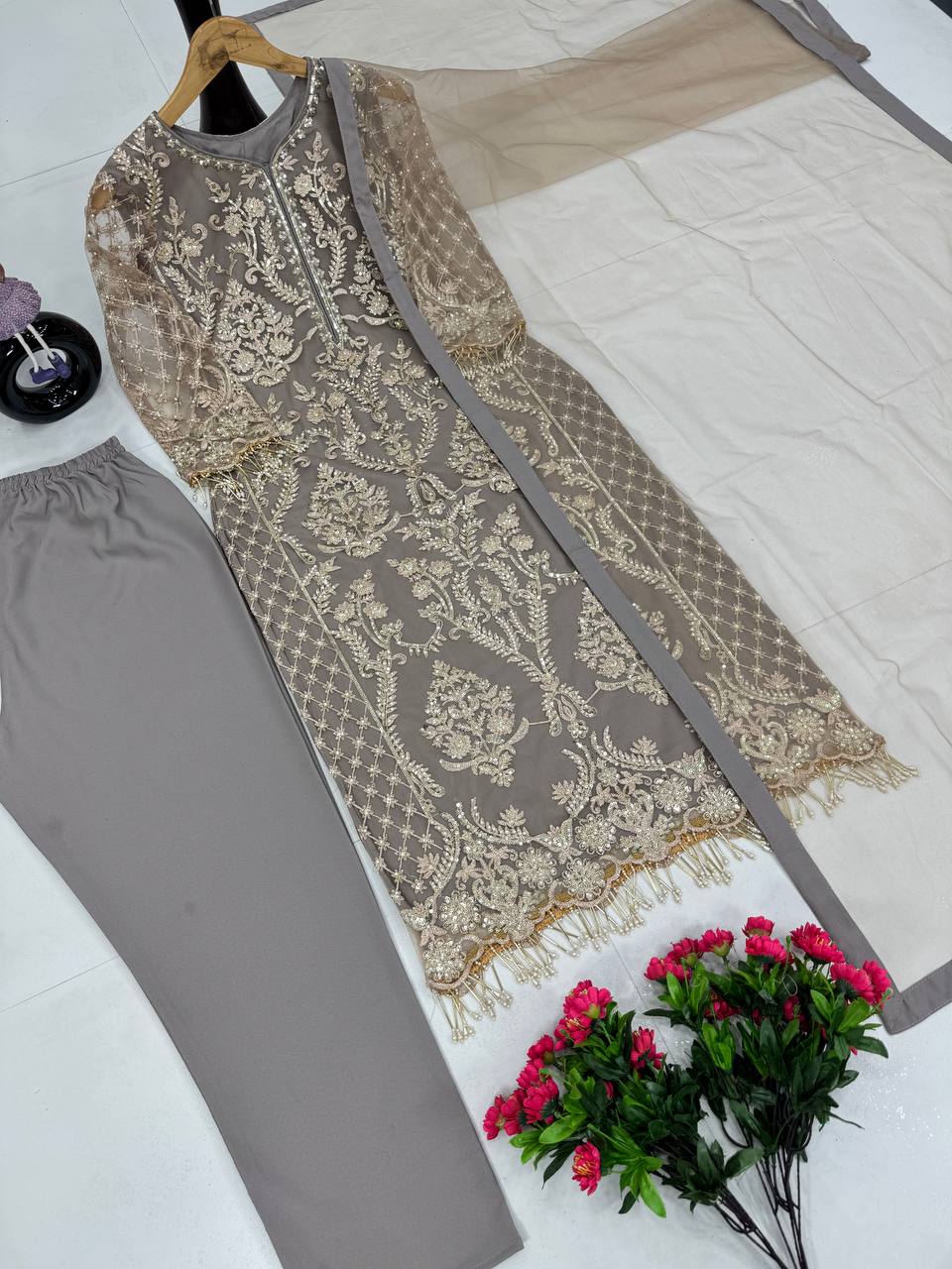 Elegant Grey Color Embroidery Sequences Work With Heavy Dimond Work Salwar Suit