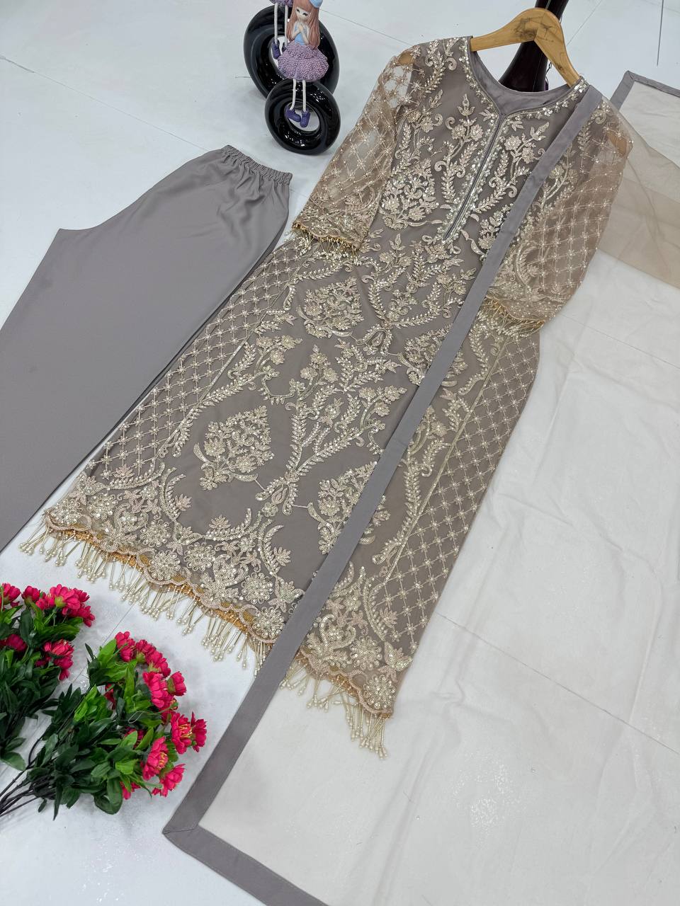 Elegant Grey Color Embroidery Sequences Work With Heavy Dimond Work Salwar Suit