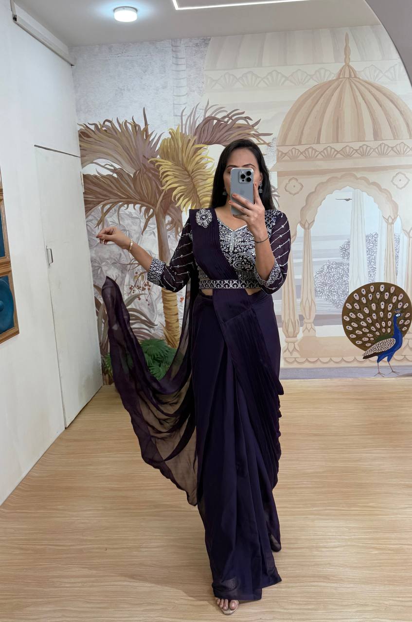 Celebrity Style Purple Color Fully Embroidery Work Blouse Ready To Wear Saree