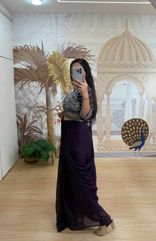 Celebrity Style Purple Color Fully Embroidery Work Blouse Ready To Wear Saree