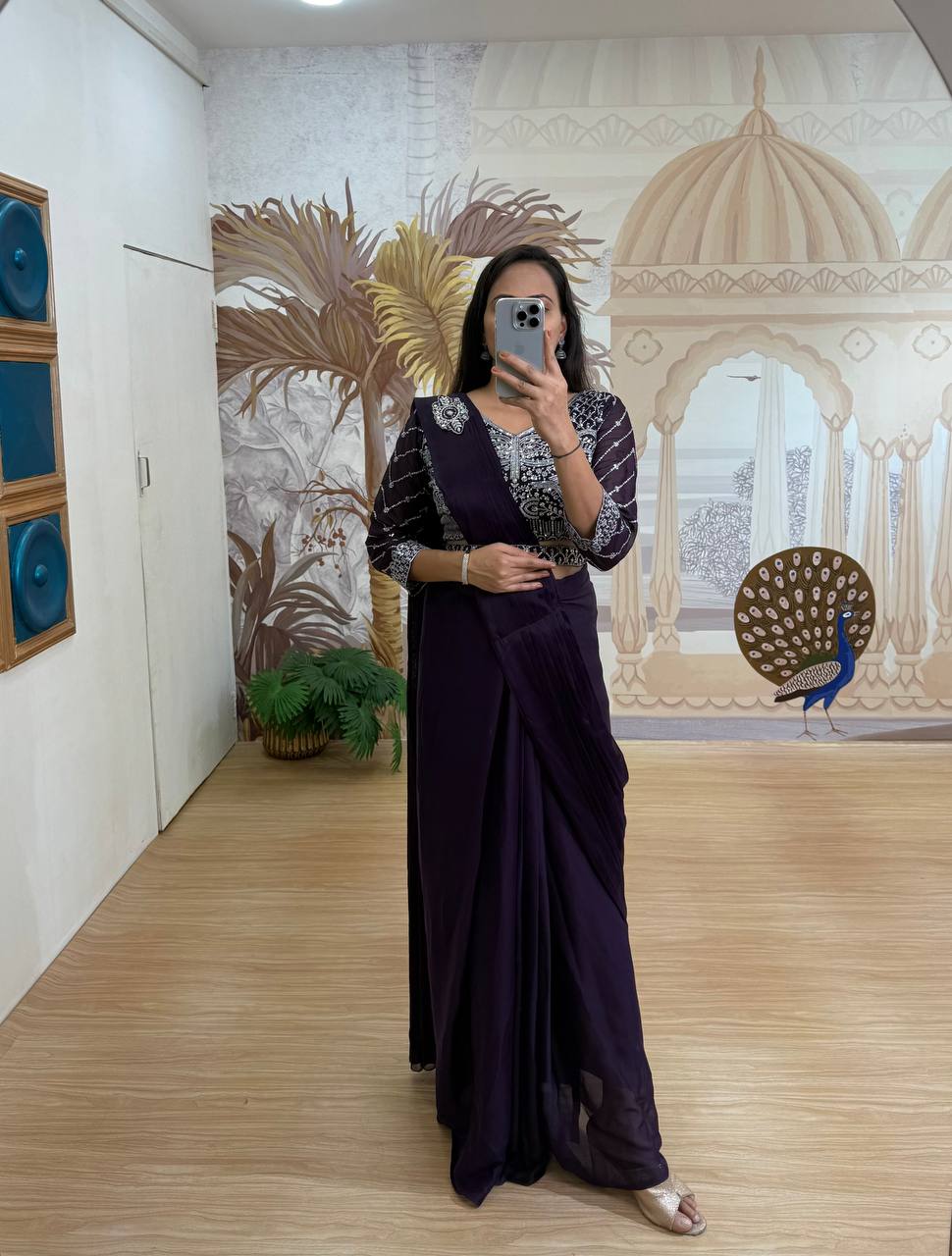 Celebrity Style Purple Color Fully Embroidery Work Blouse Ready To Wear Saree