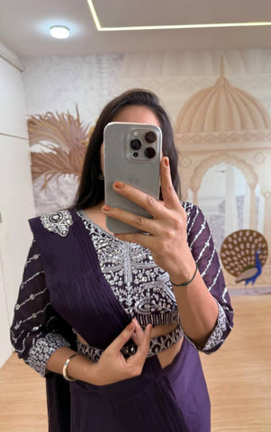 Celebrity Style Purple Color Fully Embroidery Work Blouse Ready To Wear Saree
