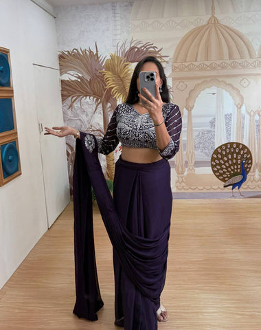 Celebrity Style Purple Color Fully Embroidery Work Blouse Ready To Wear Saree