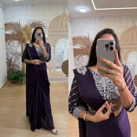 Celebrity Style Purple Color Fully Embroidery Work Blouse Ready To Wear Saree