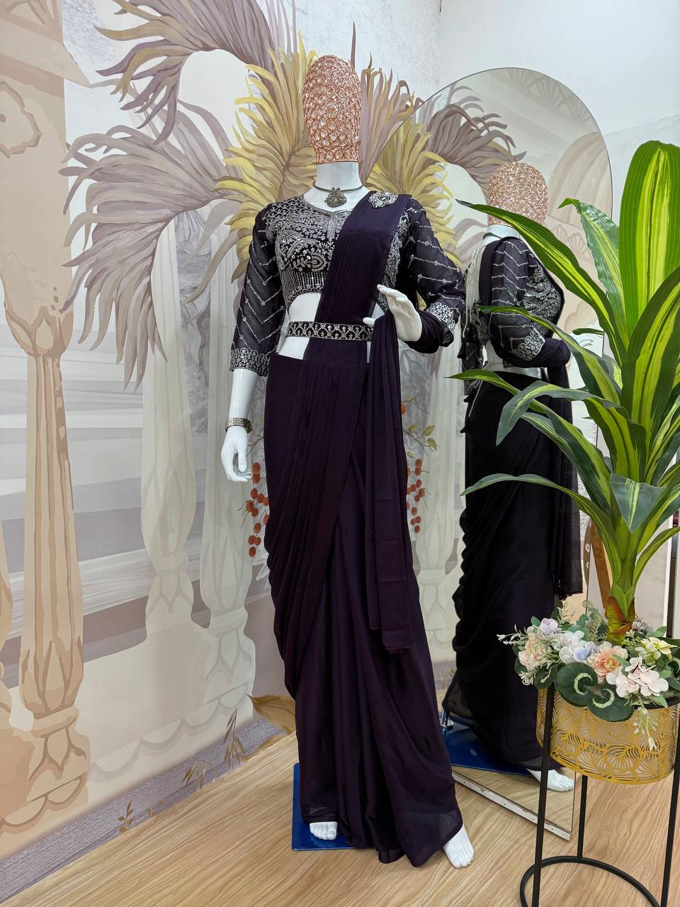 Celebrity Style Purple Color Fully Embroidery Work Blouse Ready To Wear Saree