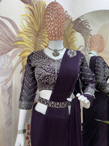 Celebrity Style Purple Color Fully Embroidery Work Blouse Ready To Wear Saree