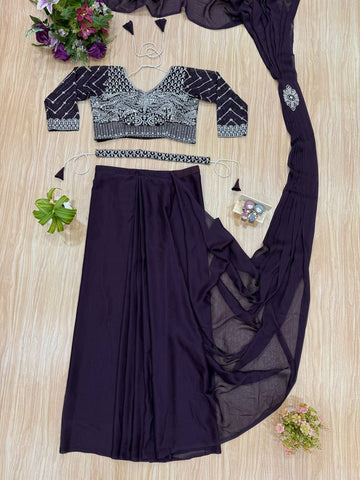 Celebrity Style Purple Color Fully Embroidery Work Blouse Ready To Wear Saree