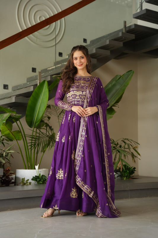 Party Wear Purple Color Sequins-Multi And Beads Embroidered Work Gown