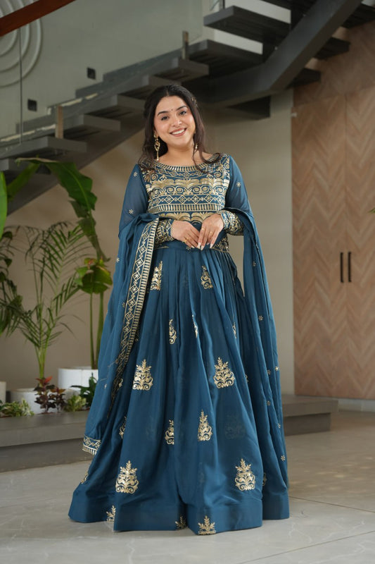 Party Wear Teal Color Sequins-Multi And Beads Embroidered Work Gown