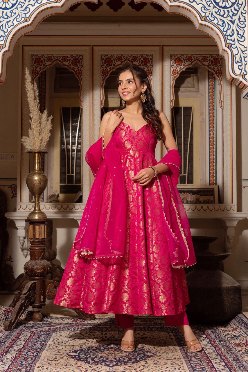 Party Wear Dark Pink Color Jacquard Silk With Weaving Work Designer Anarkali Suit