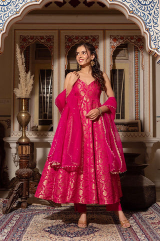 Party Wear Dark Pink Color Jacquard Silk With Weaving Work Designer Anarkali Suit