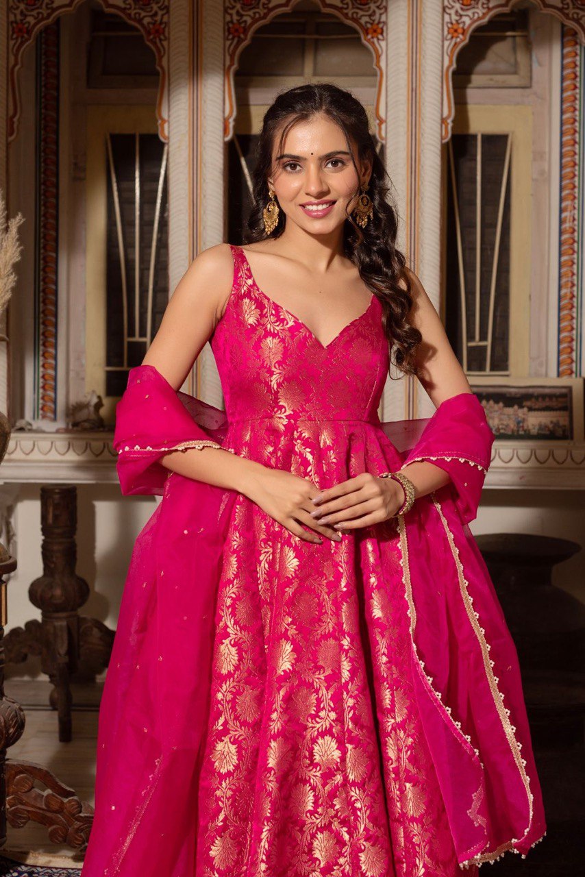Party Wear Dark Pink Color Jacquard Silk With Weaving Work Designer Anarkali Suit