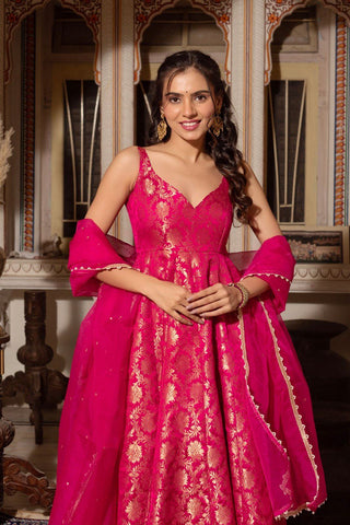 Party Wear Dark Pink Color Jacquard Silk With Weaving Work Designer Anarkali Suit