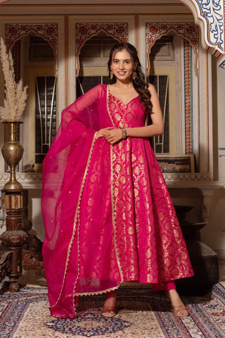 Party Wear Dark Pink Color Jacquard Silk With Weaving Work Designer Anarkali Suit