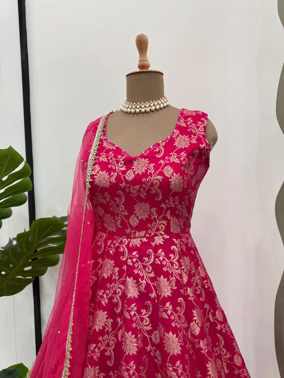 Party Wear Dark Pink Color Jacquard Silk With Weaving Work Designer Anarkali Suit