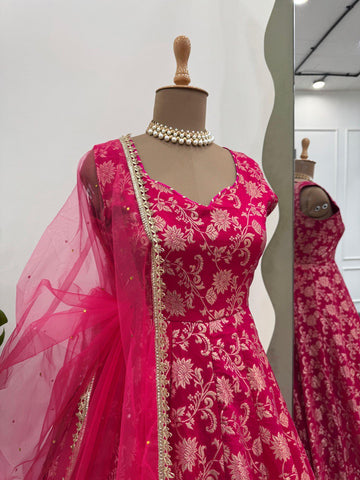 Party Wear Dark Pink Color Jacquard Silk With Weaving Work Designer Anarkali Suit