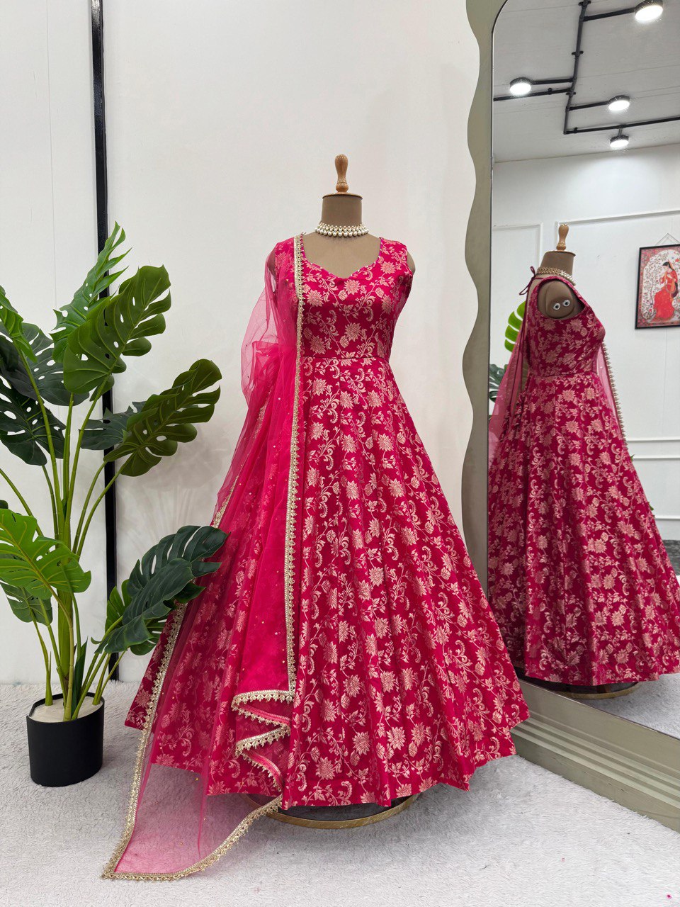 Party Wear Dark Pink Color Jacquard Silk With Weaving Work Designer Anarkali Suit