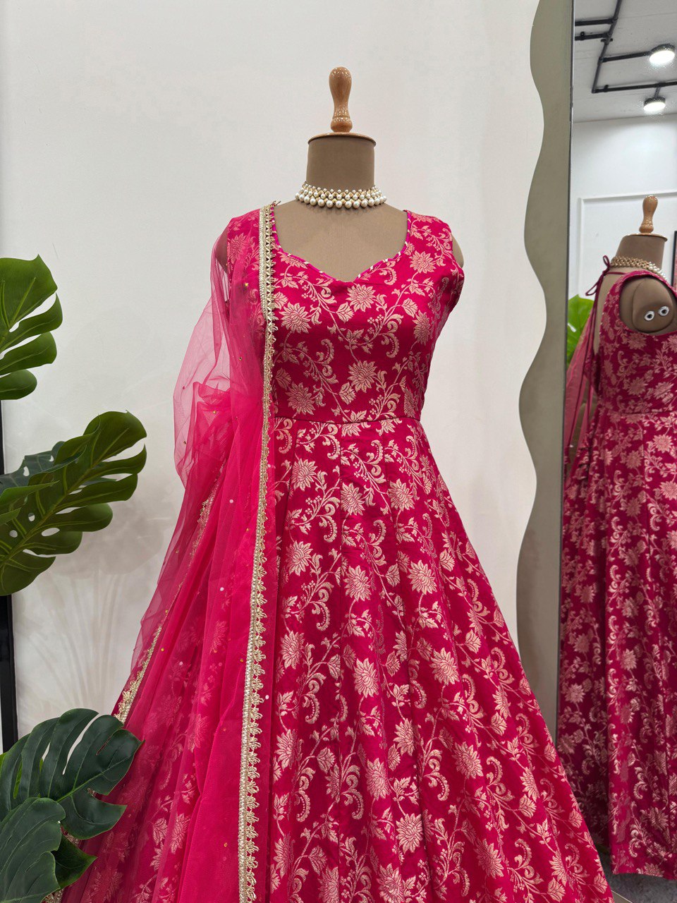 Party Wear Dark Pink Color Jacquard Silk With Weaving Work Designer Anarkali Suit