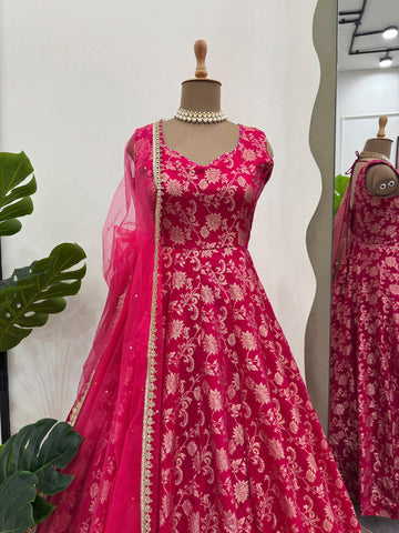 Party Wear Dark Pink Color Jacquard Silk With Weaving Work Designer Anarkali Suit