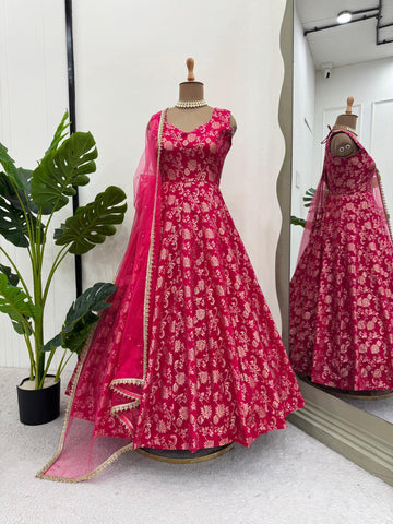Party Wear Dark Pink Color Jacquard Silk With Weaving Work Designer Anarkali Suit
