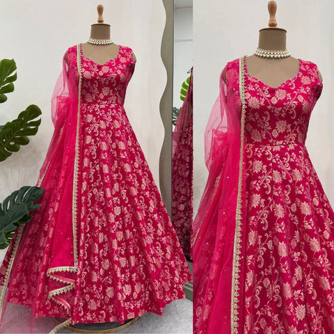 Party Wear Dark Pink Color Jacquard Silk With Weaving Work Designer Anarkali Suit