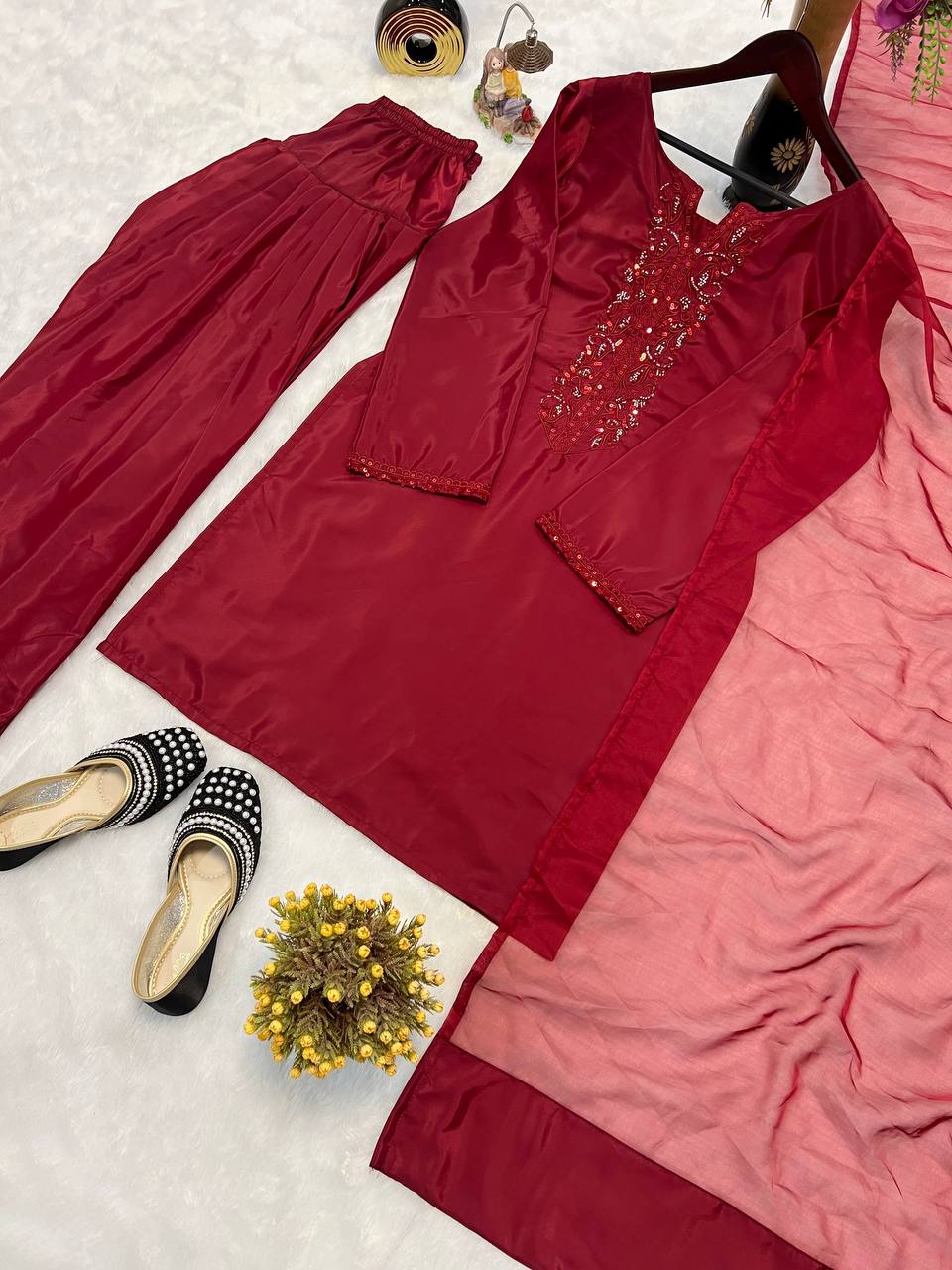 Ceremony Wear Red Color Heavy Natural Crepe Silk With Bids Hand Work Salwar Suit