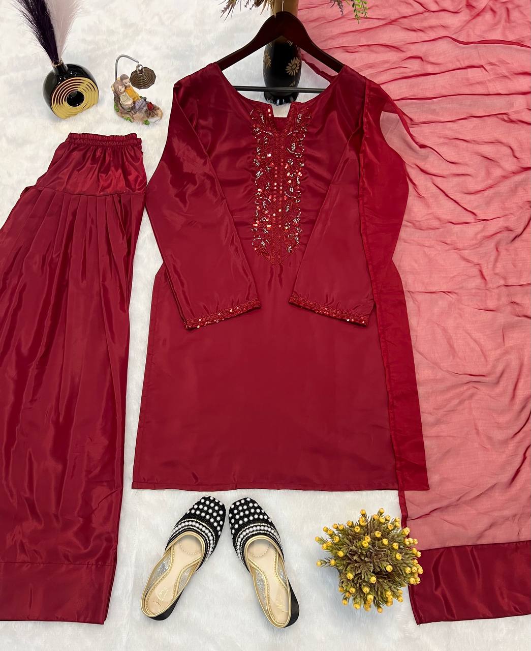 Ceremony Wear Red Color Heavy Natural Crepe Silk With Bids Hand Work Salwar Suit