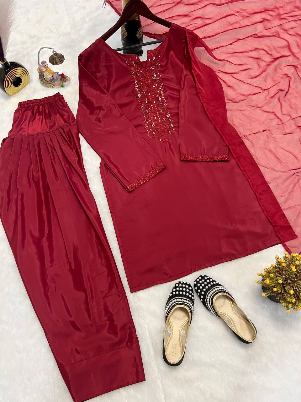 Ceremony Wear Red Color Heavy Natural Crepe Silk With Bids Hand Work Salwar Suit