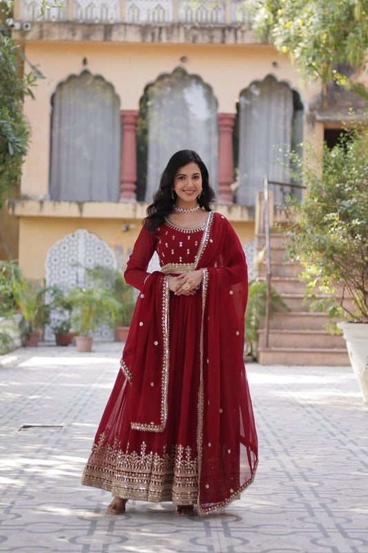 Graceful Maroon Color Faux Blooming With Embroidery Zari Sequins Work Designer Gown