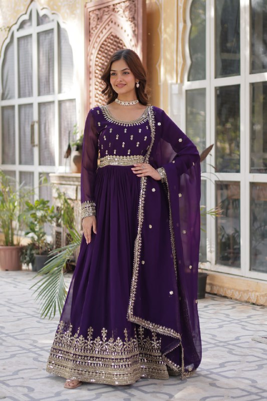 Graceful Purple Color Faux Blooming With Embroidery Zari Sequins Work Designer Gown