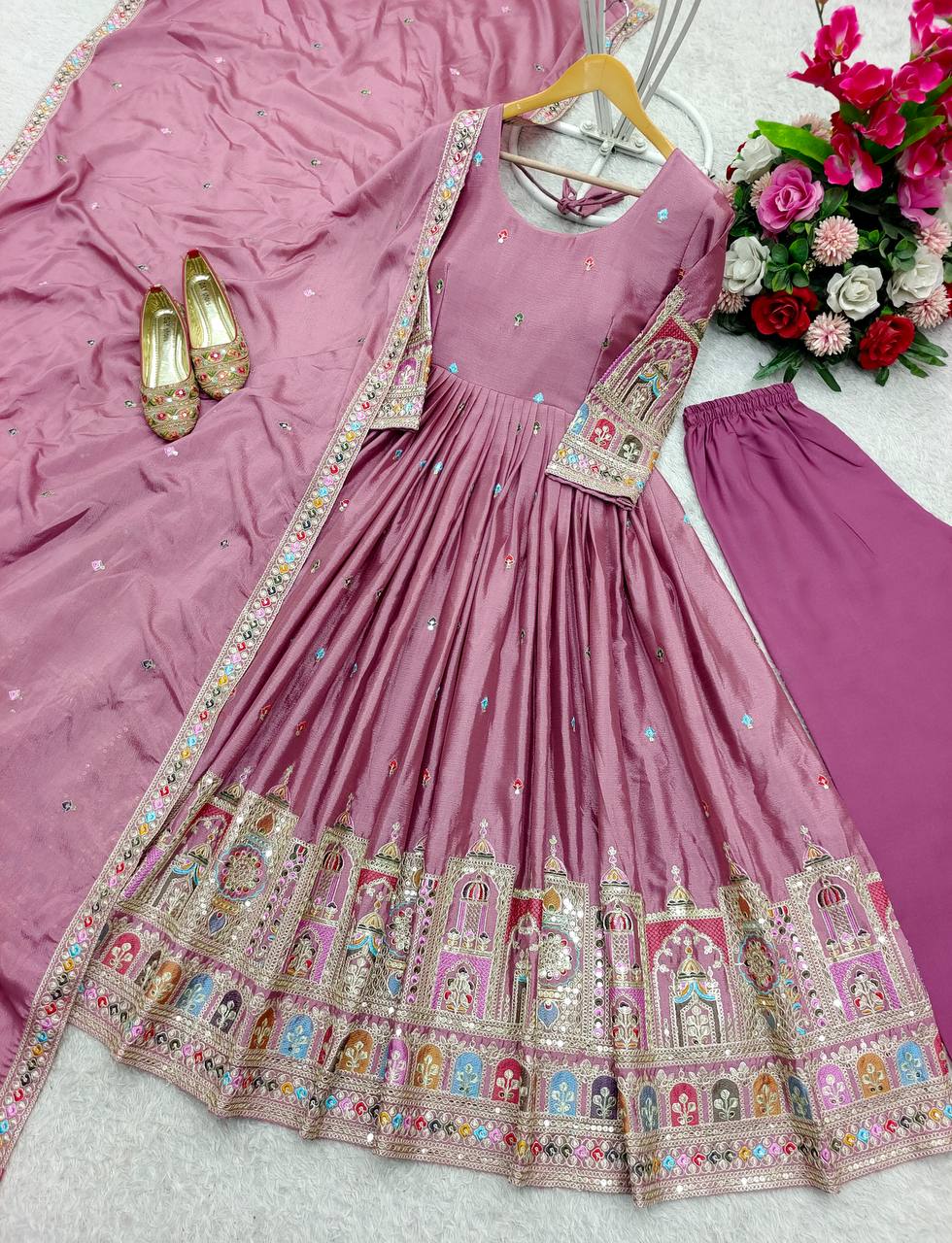 Celebrity Style Dusty Pink Color Pure Cinon Silk With Heavy Embroidery Sequence Work Anarkali Gown