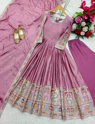 Celebrity Style Dusty Pink Color Pure Cinon Silk With Heavy Embroidery Sequence Work Anarkali Gown