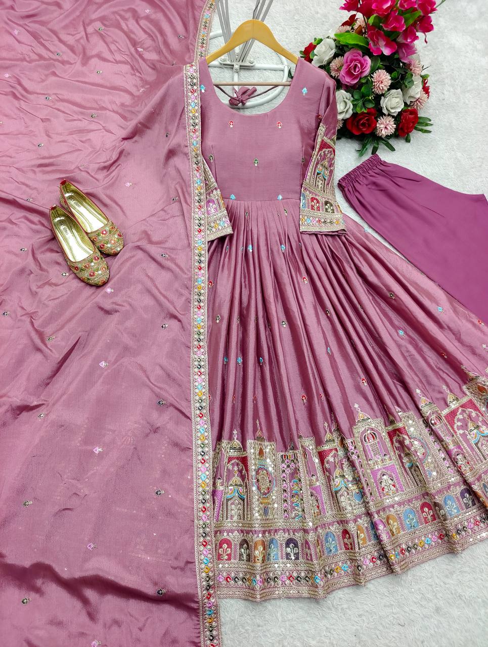 Celebrity Style Dusty Pink Color Pure Cinon Silk With Heavy Embroidery Sequence Work Anarkali Gown