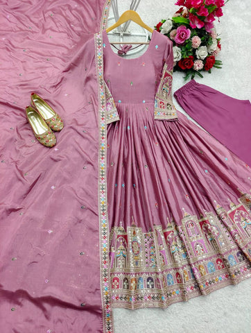 Celebrity Style Dusty Pink Color Pure Cinon Silk With Heavy Embroidery Sequence Work Anarkali Gown