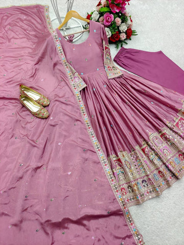Celebrity Style Dusty Pink Color Pure Cinon Silk With Heavy Embroidery Sequence Work Anarkali Gown
