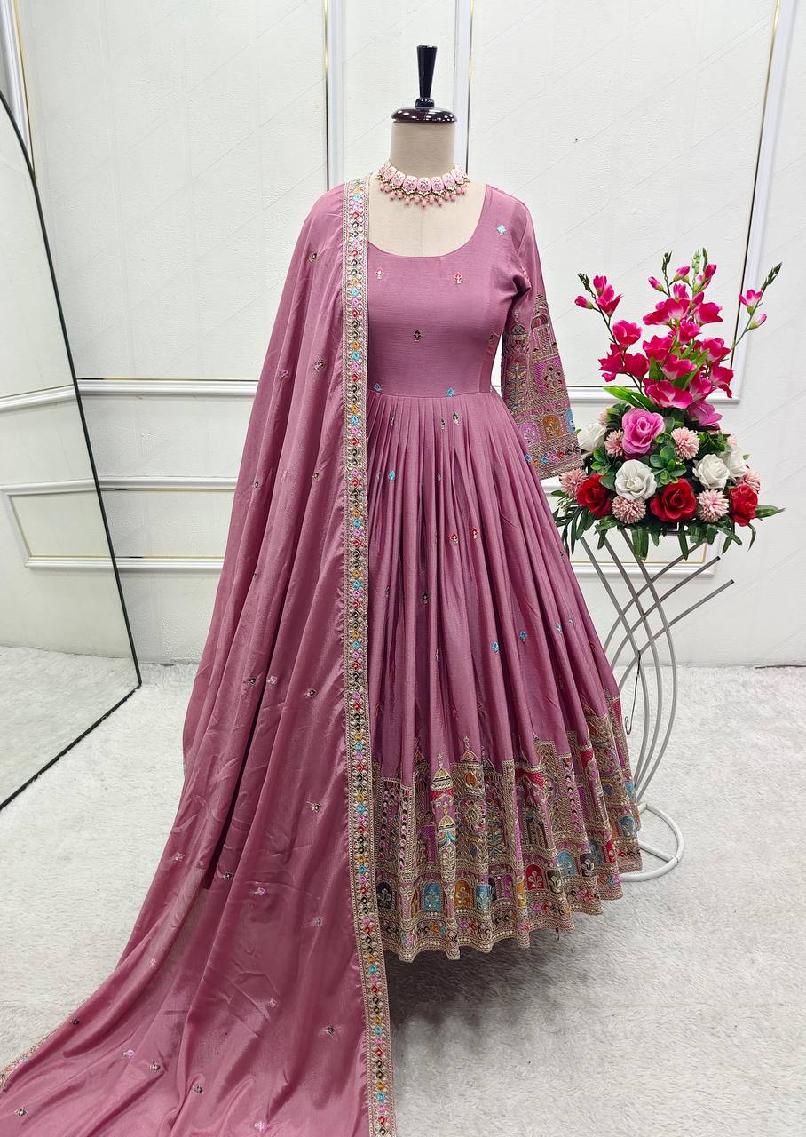 Celebrity Style Dusty Pink Color Pure Cinon Silk With Heavy Embroidery Sequence Work Anarkali Gown