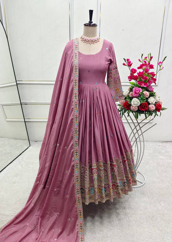 Celebrity Style Dusty Pink Color Pure Cinon Silk With Heavy Embroidery Sequence Work Anarkali Gown
