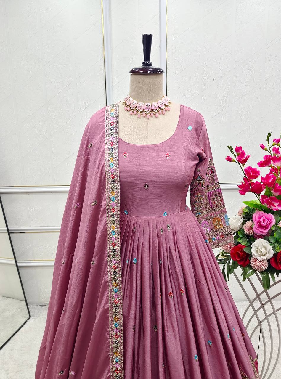 Celebrity Style Dusty Pink Color Pure Cinon Silk With Heavy Embroidery Sequence Work Anarkali Gown