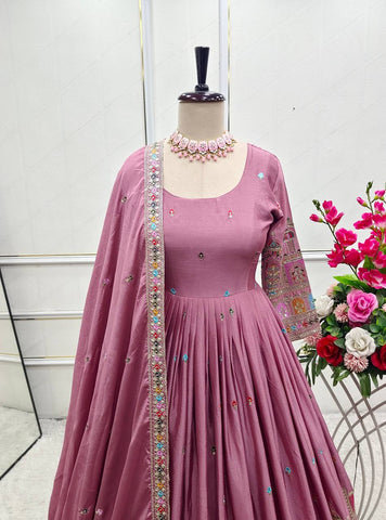 Celebrity Style Dusty Pink Color Pure Cinon Silk With Heavy Embroidery Sequence Work Anarkali Gown
