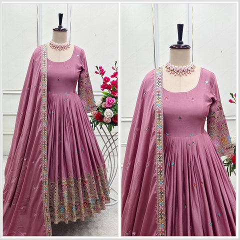 Celebrity Style Dusty Pink Color Pure Cinon Silk With Heavy Embroidery Sequence Work Anarkali Gown