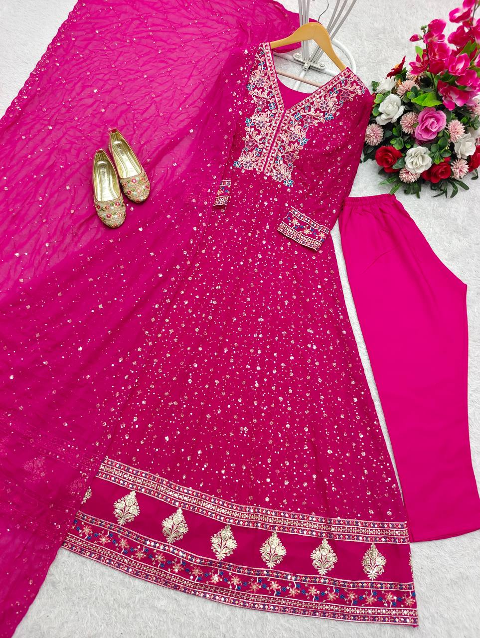Superhit Pink Color Pure Georgette With Heavy Embroidery Sequence Work Designer Gown