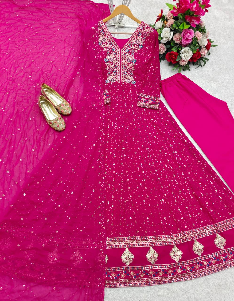 Superhit Pink Color Pure Georgette With Heavy Embroidery Sequence Work Designer Gown
