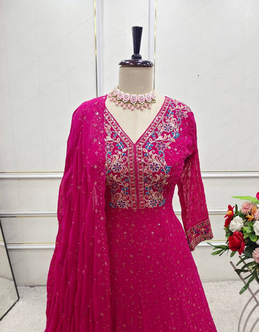 Superhit Pink Color Pure Georgette With Heavy Embroidery Sequence Work Designer Gown