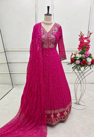 Superhit Pink Color Pure Georgette With Heavy Embroidery Sequence Work Designer Gown
