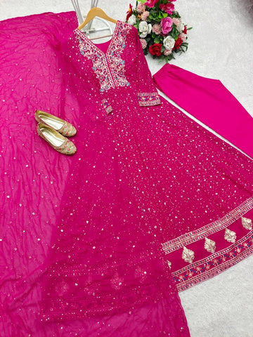 Superhit Pink Color Pure Georgette With Heavy Embroidery Sequence Work Designer Gown