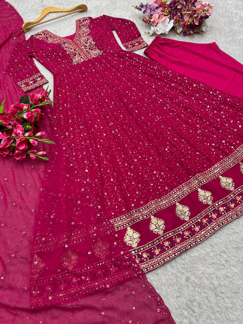 Superhit Pink Color Pure Georgette With Heavy Embroidery Sequence Work Designer Gown