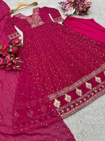 Superhit Pink Color Pure Georgette With Heavy Embroidery Sequence Work Designer Gown